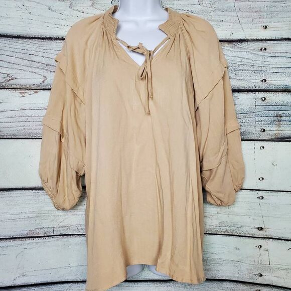 Maurices Women’s Tan Peasant Blouse Smocked Neckline Size XXL - Picture 1 of 7